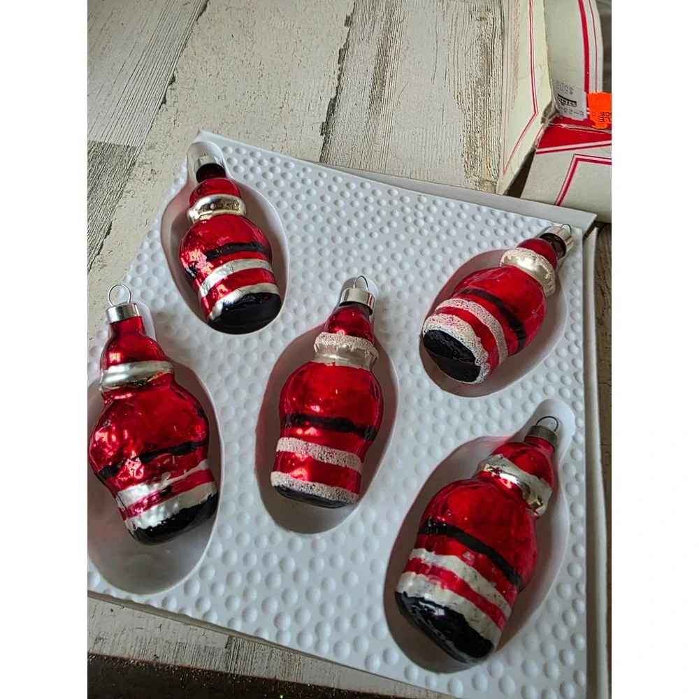 Vintage Bradford novelty Santa Mica glass ornament glitter Xmas tree red set